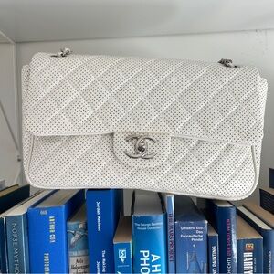 RARE Chanel Jumbo White Single Flap Perforated Leather Vintage CC Lock Silver